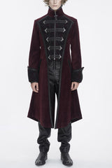 Red Stand Collar Long Sleeves Embroidery Slim Men's Gothic Coat - Red - 1