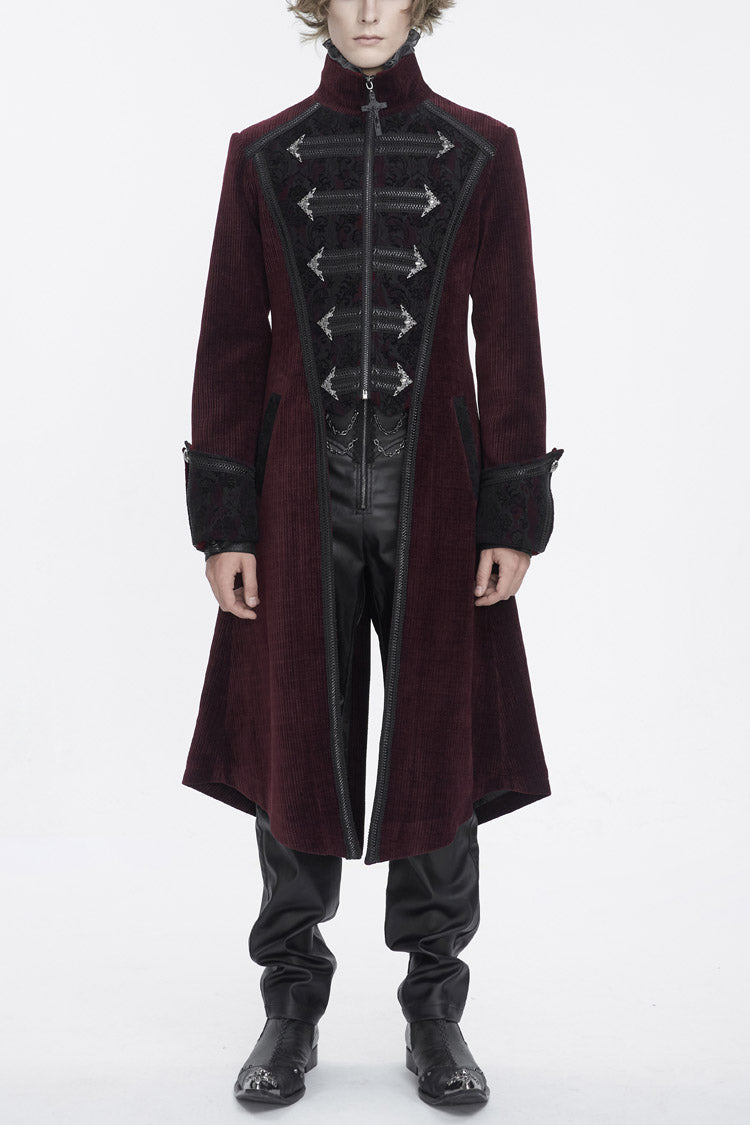 Red Stand Collar Long Sleeves Embroidery Slim Men's Gothic Coat - Red - 1