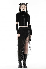 Black Lace-Up Ripped Women's Punk Split Long Skirt - Product - 9