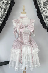 Pink/White [Pearl Nocturne] Square Collar Flutter Sleeves Multi-Layered Printed Ruffled Bow Lace Sweet Japanese Lolita Dress - Product - 3