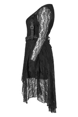 Black Elasticity Modal Cotton Fabric Patchwork Lace Metal Buckle Belt Long Hem Long Sleeve Women's Plus Size Gothic Dress - Product - 5