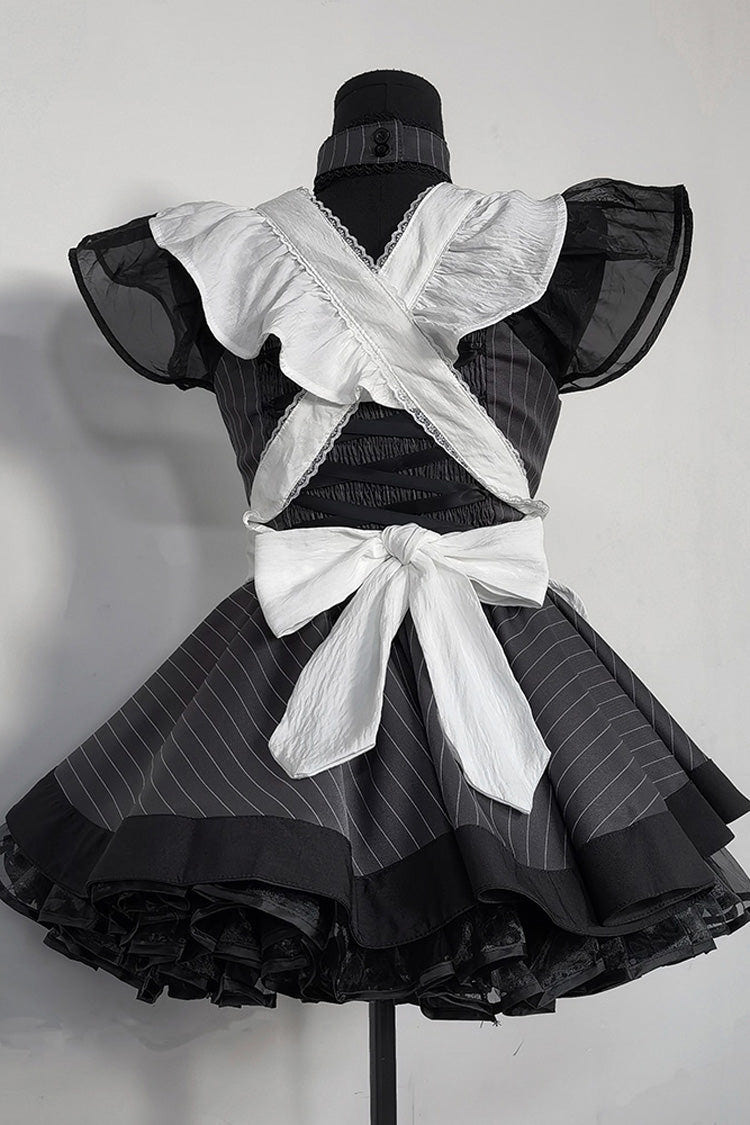 Grey Stripe Print Ruffle Bowknot Gothic Japanese Maid Lolita Dress - Product - 4