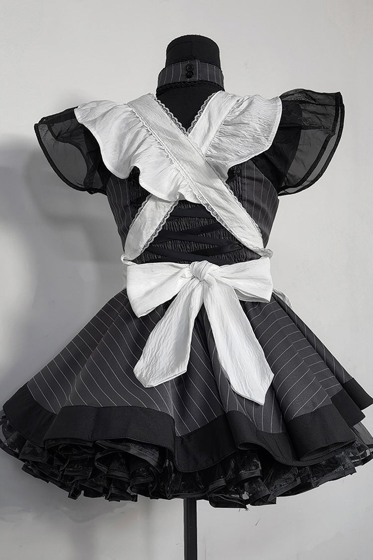 Grey Stripe Print Ruffle Bowknot Gothic Japanese Maid Lolita Dress - Product - 4