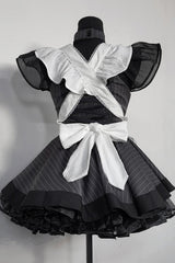 Grey Stripe Print Ruffle Bowknot Gothic Japanese Maid Lolita Dress - Product - 4