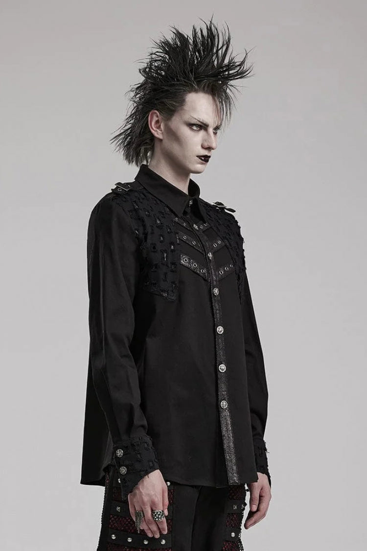 Black Hollow Hole Stitching Mens Steampunk Blouse - Product - 2