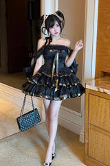 Black [Princess Ribbon] Off Shoulder Triple-Layered Ruffle Bowknot Sweet Lolita Dress - Product - 6