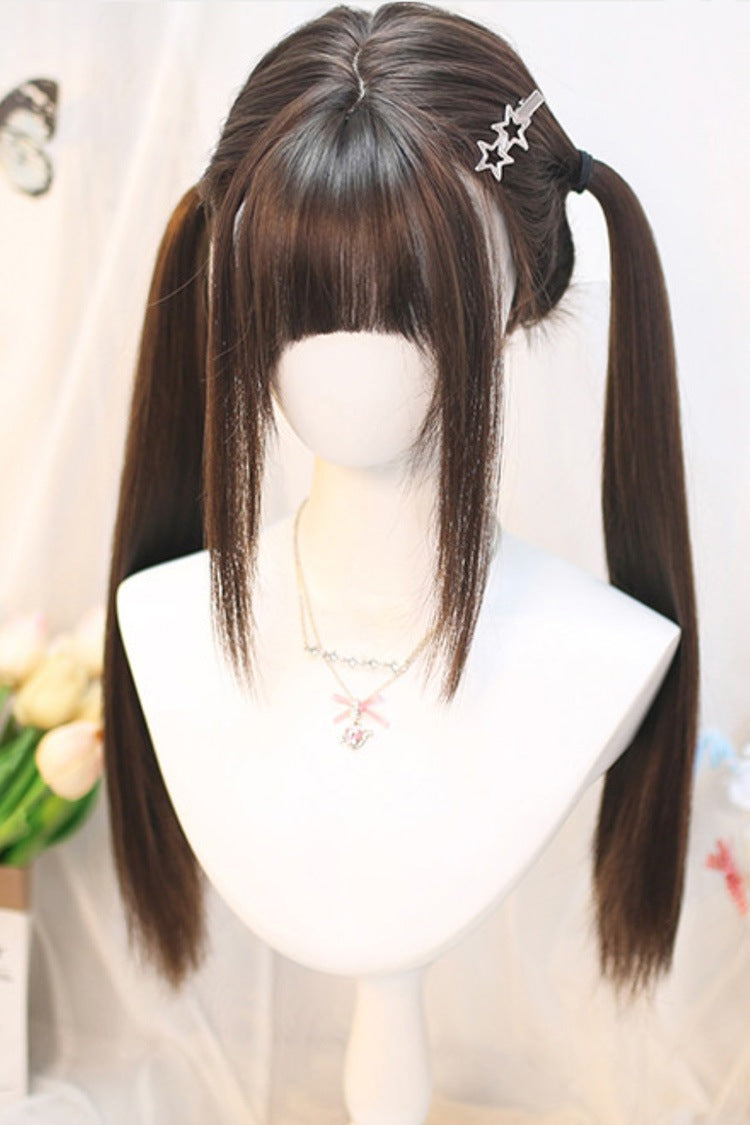 Cute Sweet Girl JK Long Straight Double Ponytail Wig with Neat Bangs 2 Colors - Product - 4