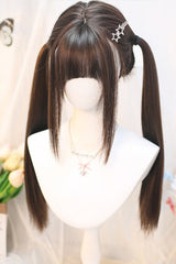 Cute Sweet Girl JK Long Straight Double Ponytail Wig with Neat Bangs 2 Colors - Product - 4