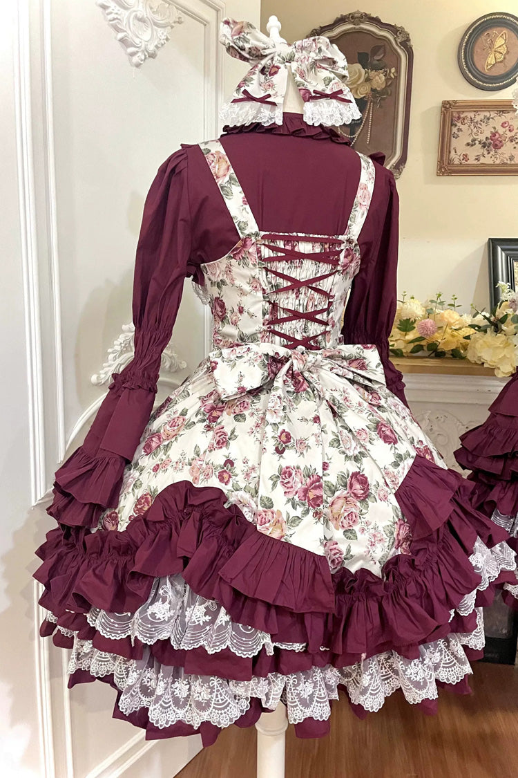 Burgundy Rose Flower Wall Printed Off Shoulder Sleeveless Ruffled Bow Lace Gothic Lolita Jsk Dress - Product - 18