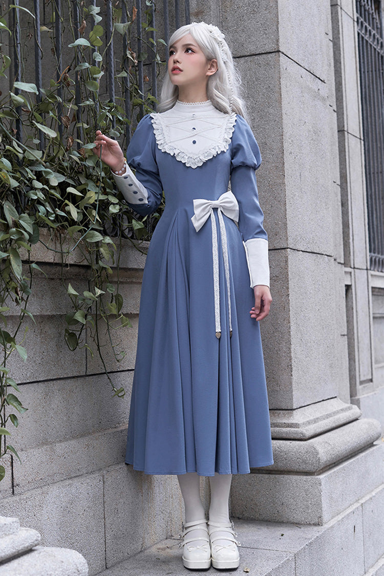 Blue Nun Style Stand Collar Long Sleeves Ruffle Bowknot Classic Elegant Lolita Dress - Product - 4