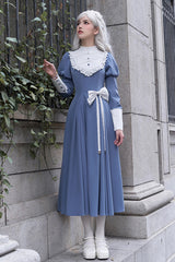 Blue Nun Style Stand Collar Long Sleeves Ruffle Bowknot Classic Elegant Lolita Dress - Product - 4