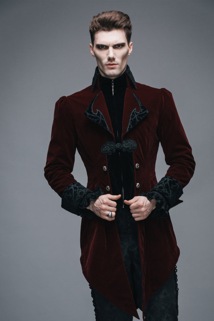 Wine Formal Party Turn Down Collar Long Sleeves Mens Gothic Swallowtail Coat - Product - 9