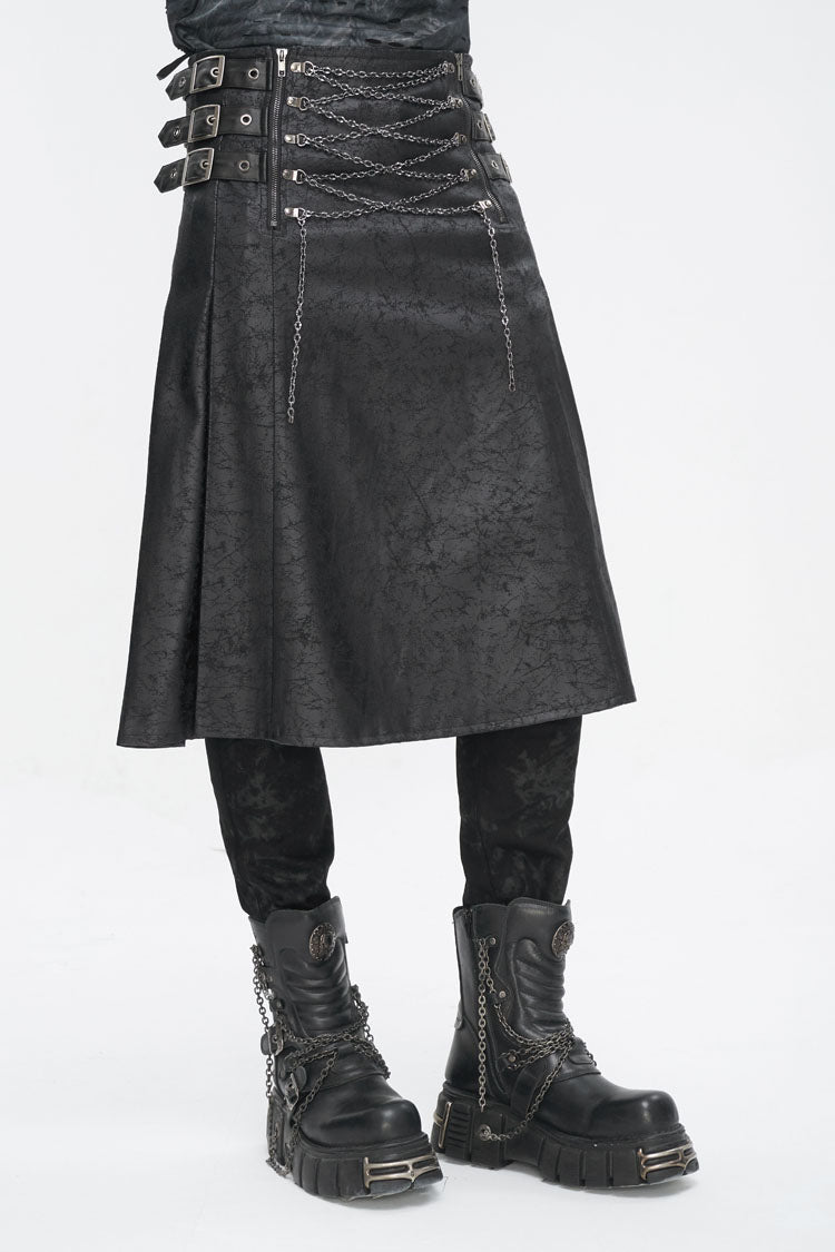 Black Print Chain Multi Buckle Men's Gothic Skirt - Product - 2