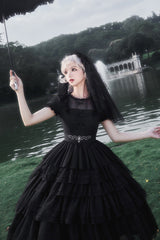 Black Twin Ivory Towers Short Sleeves Five-Layered Ruffle Gothic Lolita Dress - Product - 9