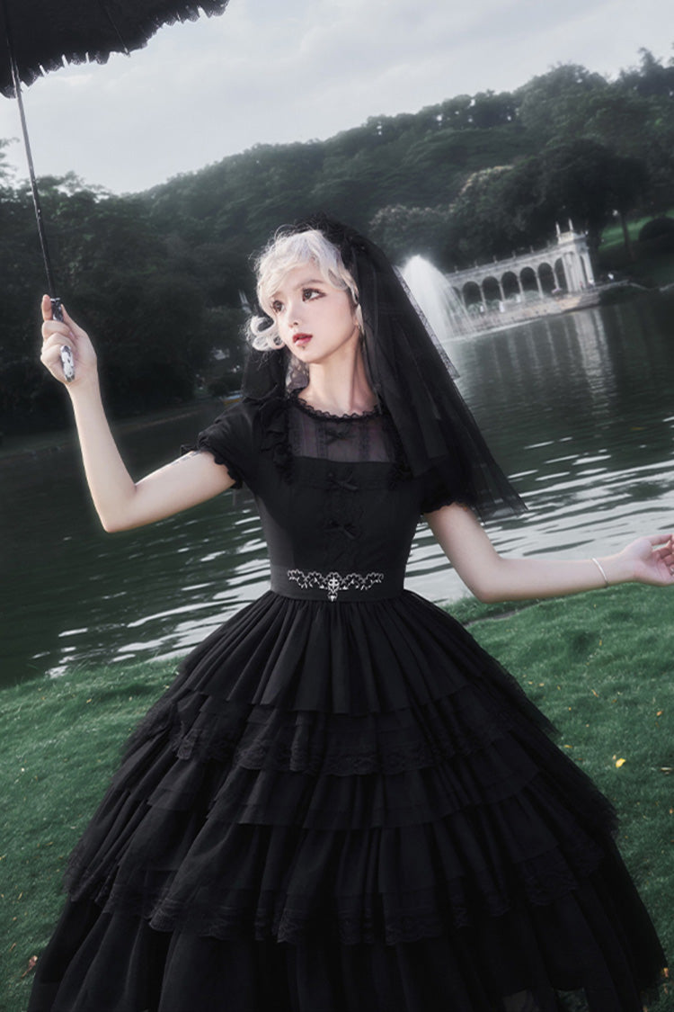 Black Twin Ivory Towers Short Sleeves Five-Layered Ruffle Gothic Lolita Dress - Product - 9