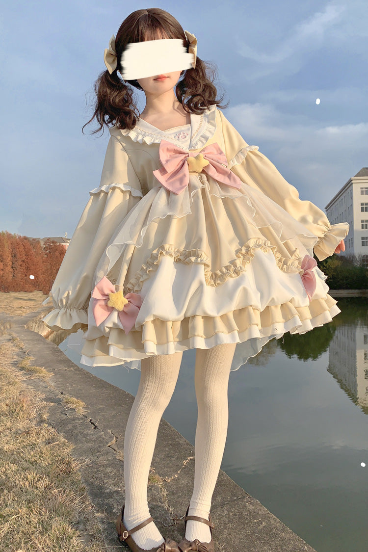 [Pray Star] Long Sleeves Double-Layered Ruffle Bowknot Stitching Lace Sweet Lolita Dress 5 Colors - Ivory - 2