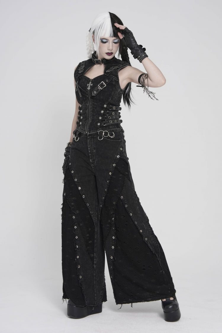 Black Halterneck Slim Buckled Zippered Women's Punk Vest - Product - 5
