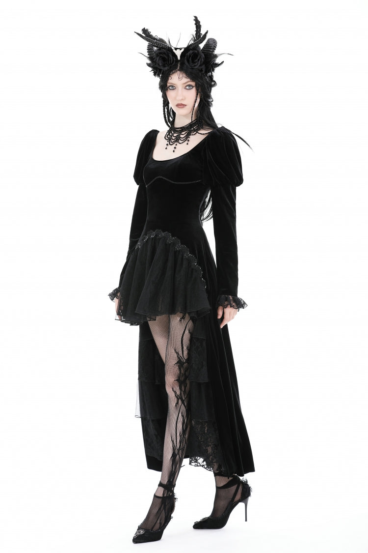 Black Round Collar Long Puff Sleeves Lace Lace-Up Hem High Low Women's Gothic Velvet Wedding Dress - Product - 10