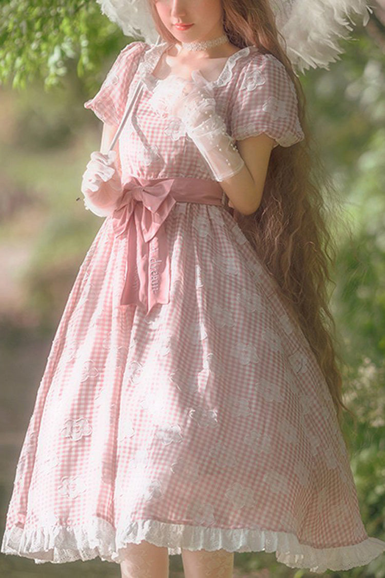 Pink Short Sleeve Floral Print Plaid Pattern Sweet Lolita Dress - Product - 1