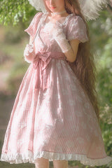 Pink Short Sleeve Floral Print Plaid Pattern Sweet Lolita Dress - Product - 1