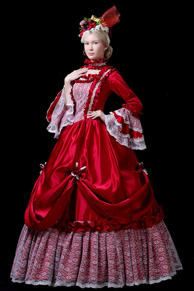 Red Multi-Layer Hime Sleeves High Waisted Hollow Embroidery Floral Print Victorian Lolita Prom Dress - Product - 3