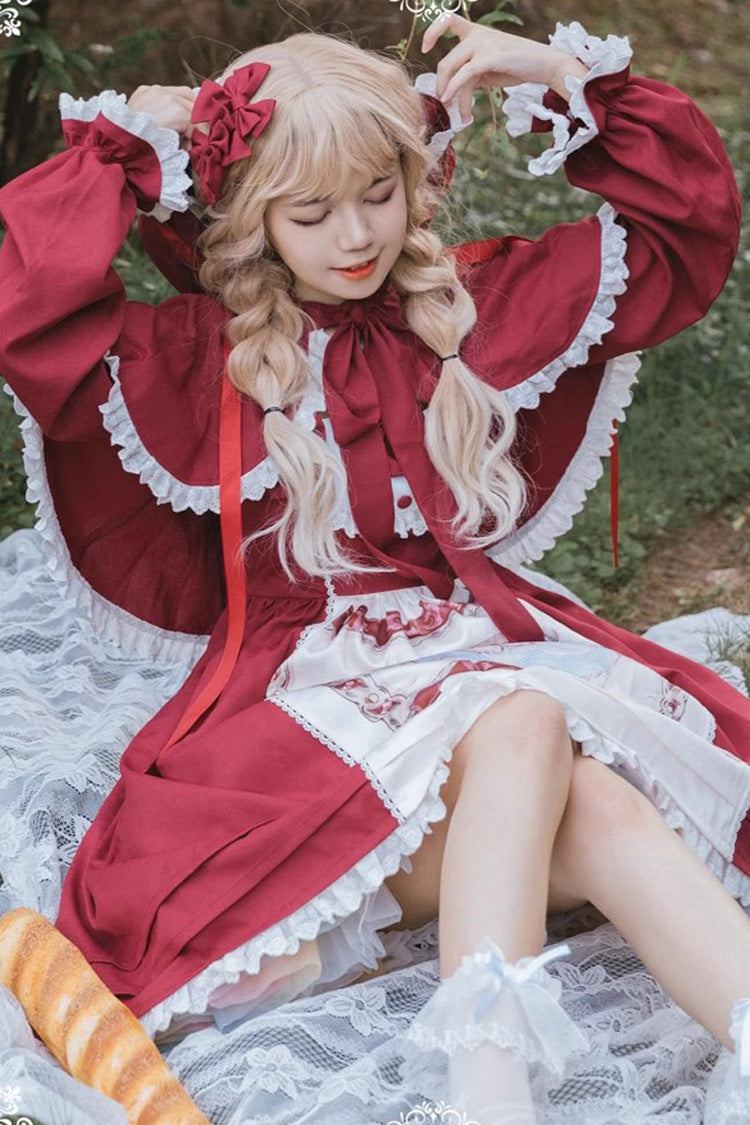 Red Little Red Riding Hood Sleeveless Print Ruffle Bowknot Sweet Princess (Dress Only) detail view 7