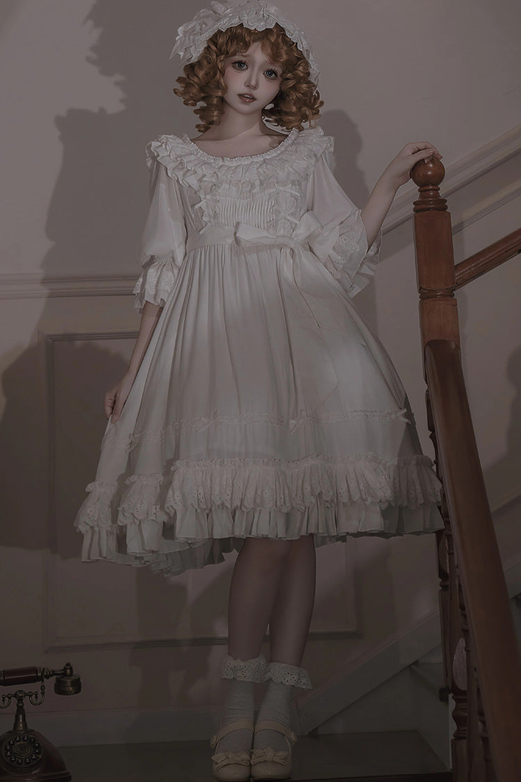 White [Good Morning] Short Sleeves Ruffle Bowknot Lace-Up Gothic Lolita Dress - Product - 2