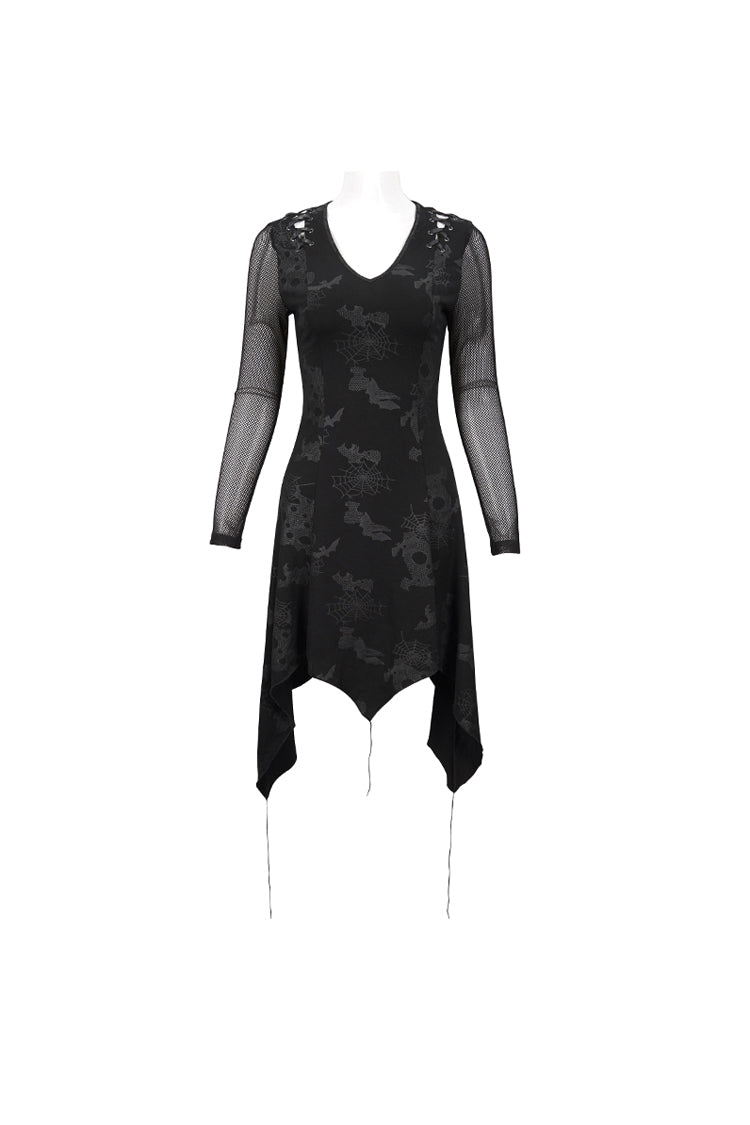 Black Shoulder Cutout Tie Rope V Neck Pattern Print Decorative Women's Gothic Dress - Product - 5