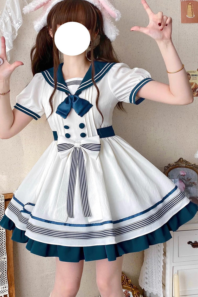 White/Green Navy Collar Short Sleeves Ruffle Bowknot Sweet Lolita Dress - Product - 8