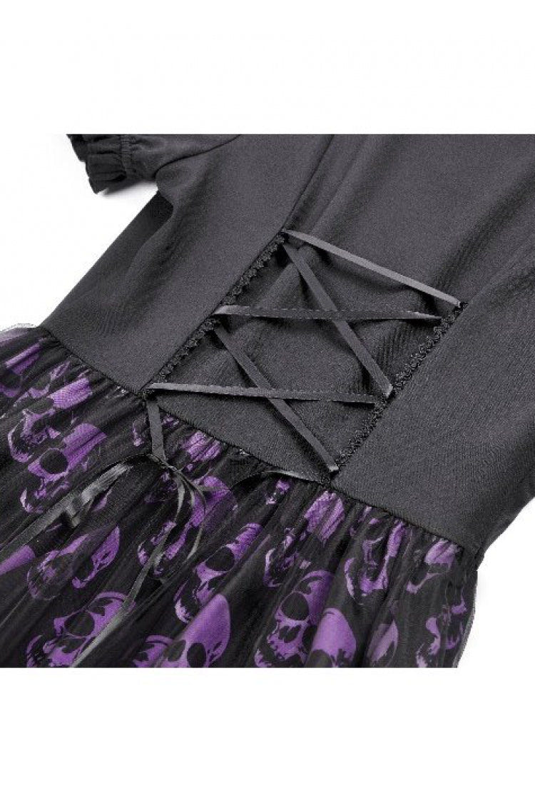 Black/Purple Short Puff Sleeves Skull Printed Lace-Up Women's Lolita Gothic Dress - Product - 18