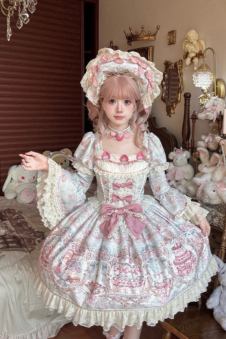 Blue/Pink [Victoria Cake] Square Collar Long Trumpet Sleeves Jacquard Printed Ruffled Bow Lace Sweet Lolita Dress - Product - 8