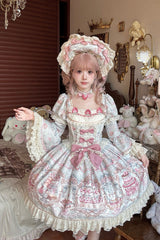 Blue/Pink [Victoria Cake] Square Collar Long Trumpet Sleeves Jacquard Printed Ruffled Bow Lace Sweet Lolita Dress - Product - 8