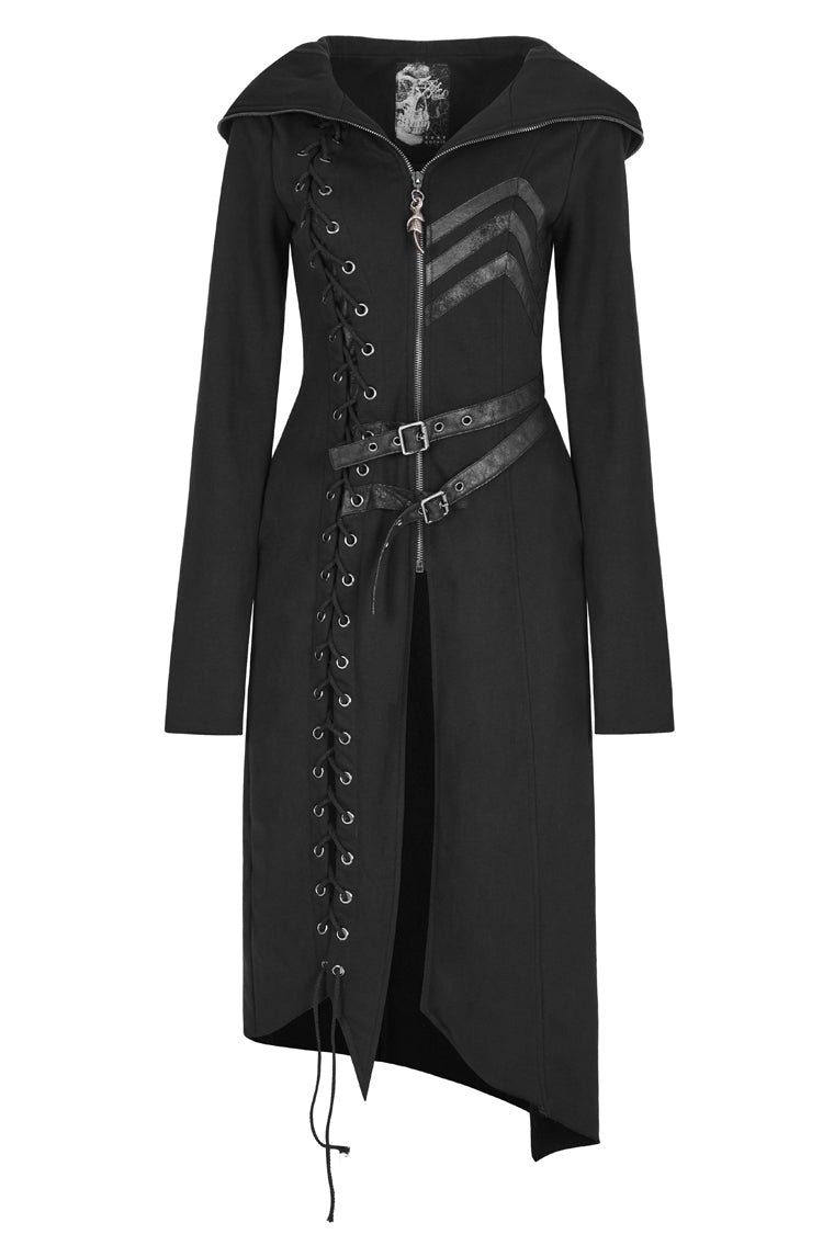 Black Long Sleeves Hooded Asymmetric Women's Gothic Military Coat With Belt - Product - 3