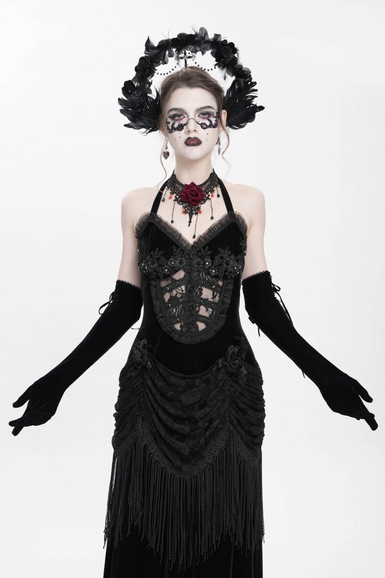 Black Sleeveless Hollow Floral Embroidery Lace-Up Pleated Women's Gothic Maxi Dress - Product - 7