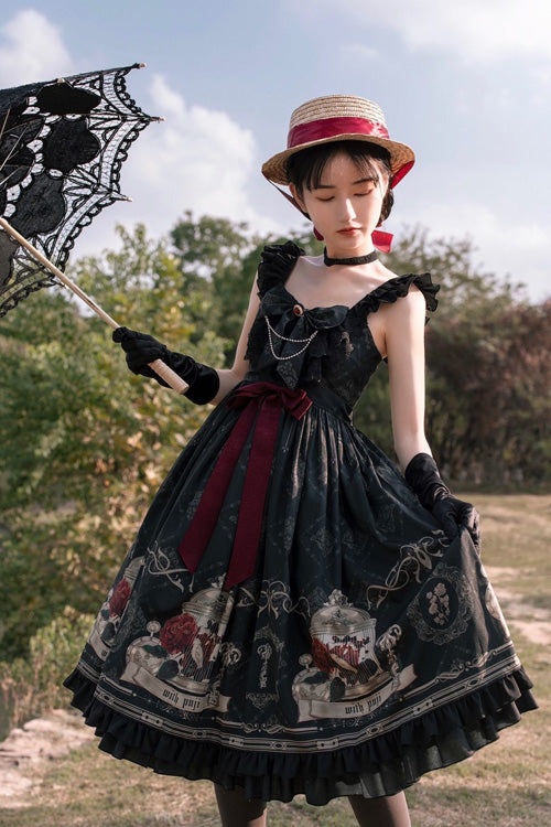 Black Nightingale Rose Print Bowknot Ruffled Strapless Gothic Lolita JSK Dress - Product - 4