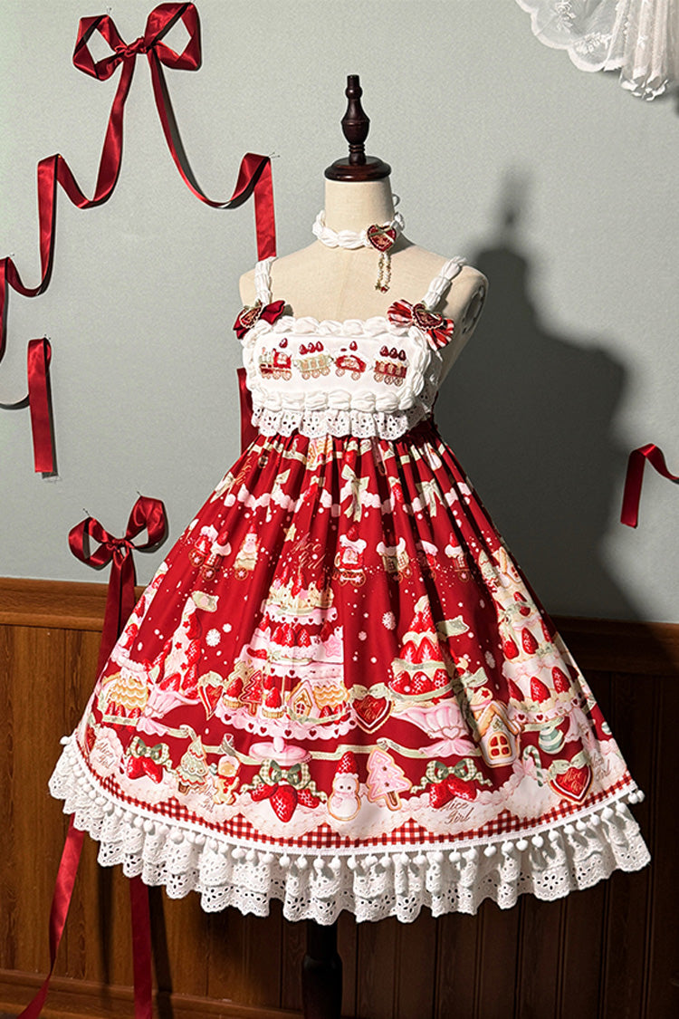 Mint Strawberry Dessert Print High Waisted Ruffle Bowknot Sweet Lolita JSK Dress 4 Colors - Product - 16
