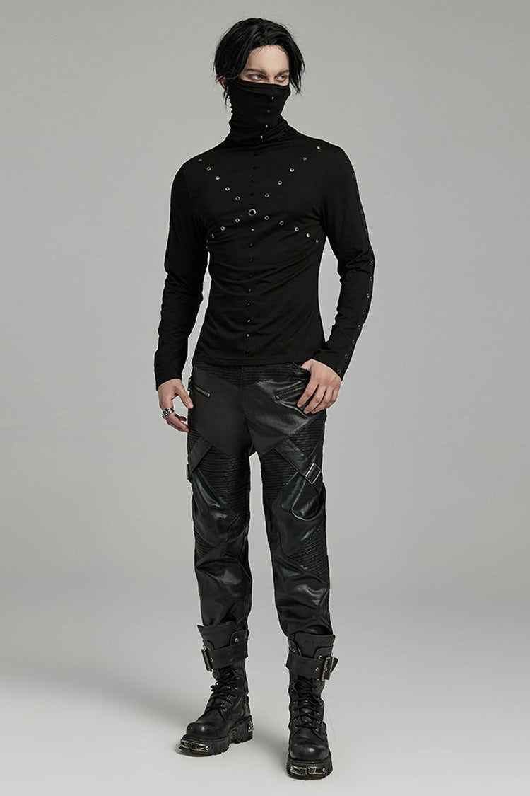 Black Long Sleeves Rivet Mesh Men's Punk Blouse with Undetachable Mask - Product - 4