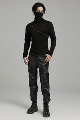 Black Long Sleeves Rivet Mesh Men's Punk Blouse with Undetachable Mask - Product - 4
