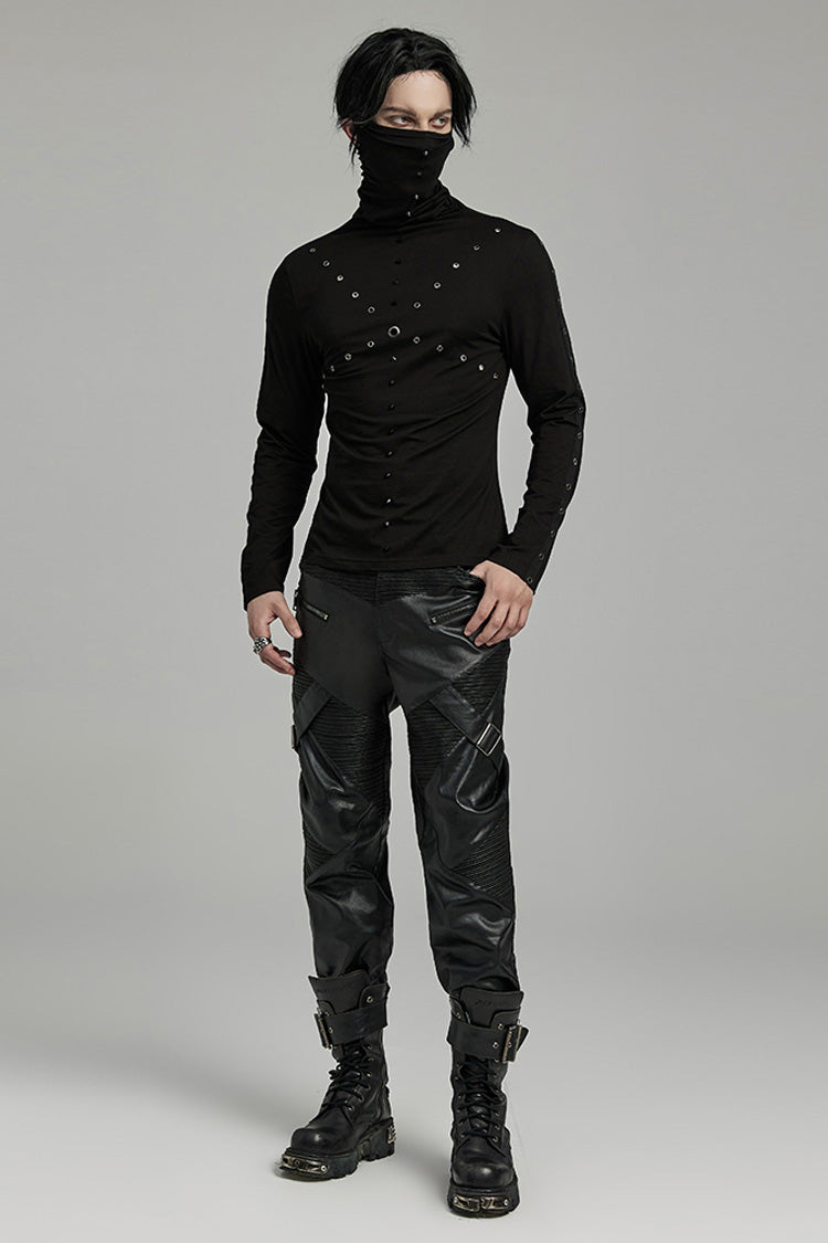 Black Long Sleeves Rivet Mesh Men's Punk Blouse with Undetachable Mask - Product - 4