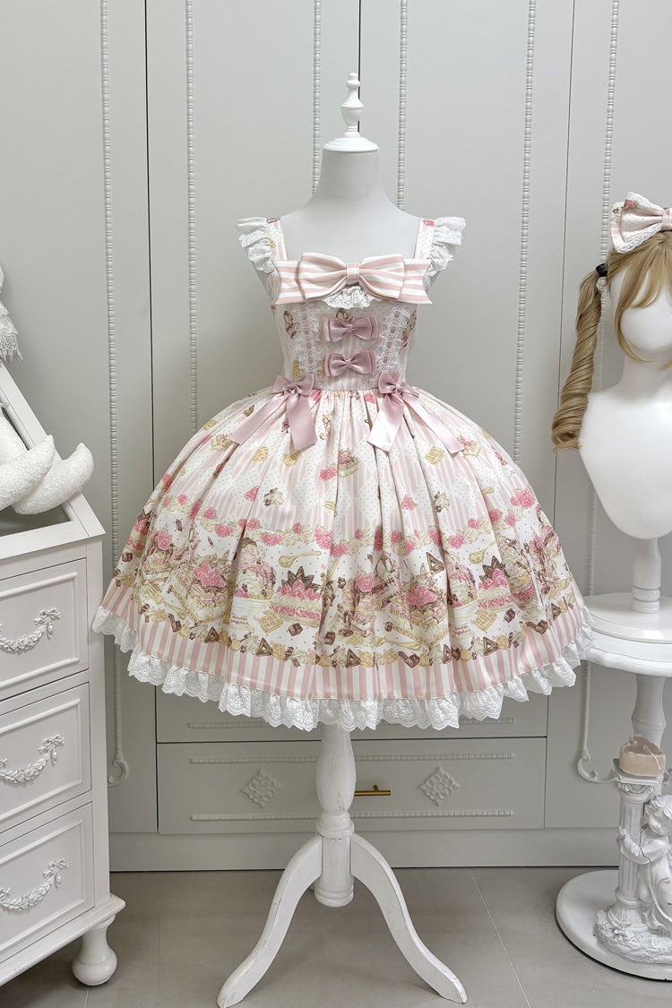 Pink [Strawberry Ice Cream Cheesecake] Square Collar Short Sleeves Printed Ruffled Bow Lace Casual Sweet Lolita Jsk Dress - Pink - 1