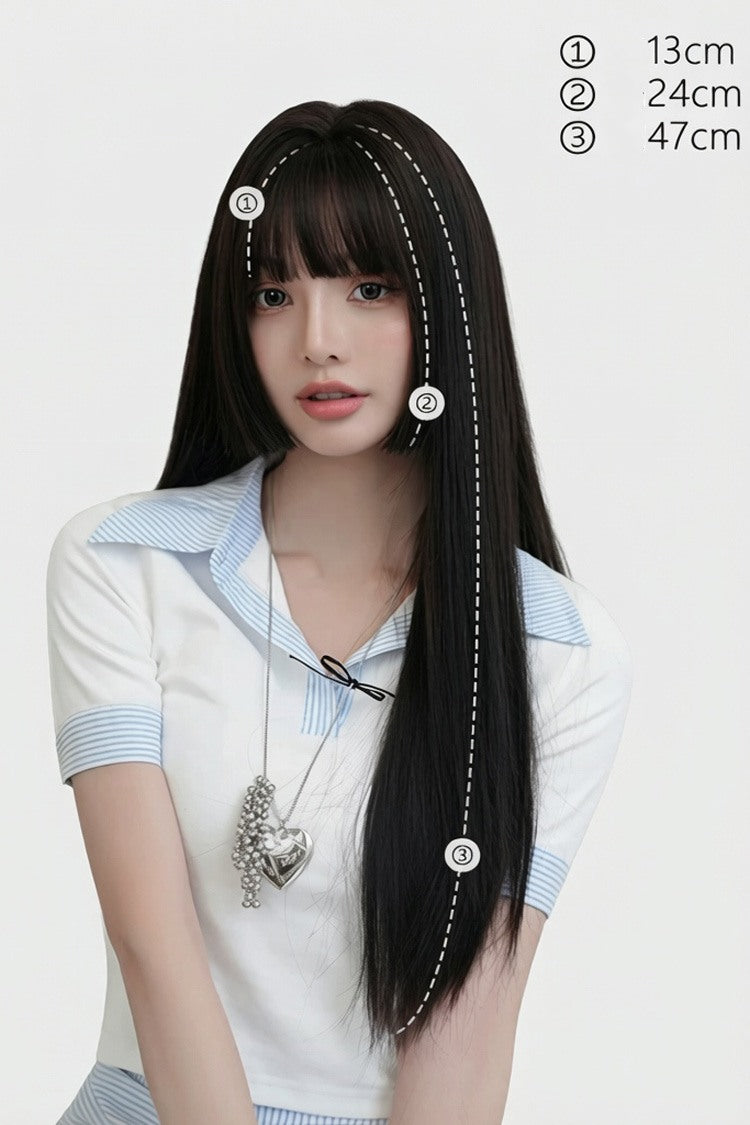 Black Brown Face-Framing Hime Cut Long Straight Wig with Full Bangs - Product - 2