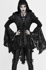 Black Knit Velvet Hooded Front Chest Decals Metal Retro Button Lace Cuff Women's Gothic Coat - Product - 4