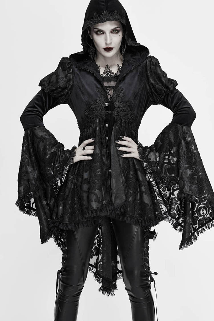 Black Knit Velvet Hooded Front Chest Decals Metal Retro Button Lace Cuff Women's Gothic Coat - Product - 4