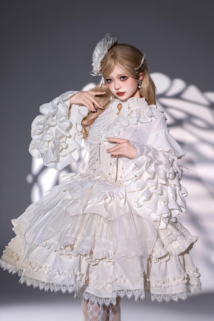 White [The Angel of Good and Evil] Multi-Layered Ruffled Lace Sweet Elegant Lolita Skirt (Corset Belt Included) - White - 1
