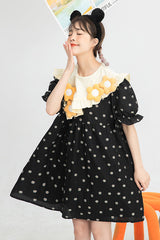 Black Ruffled Splicing Round Collar Bubble Short Sleeves Floral Print High Waisted Sweet Lolita Dress - Product - 8