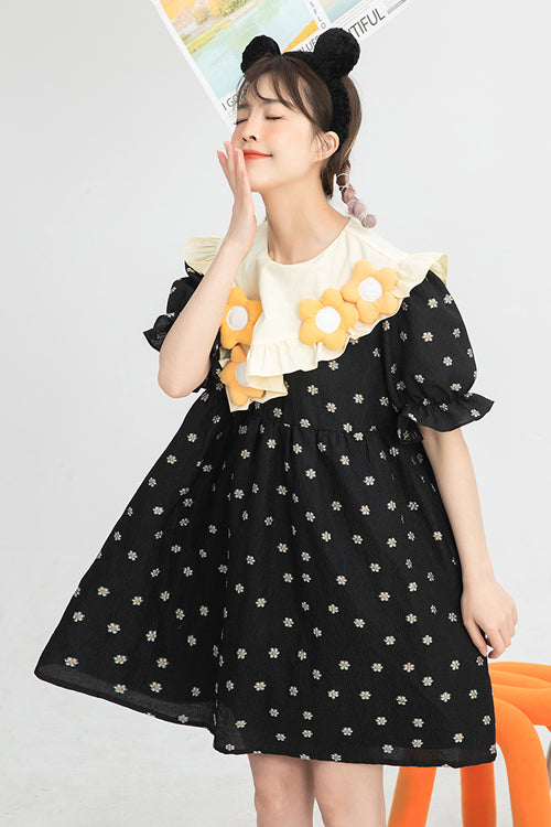 Black Ruffled Splicing Round Collar Bubble Short Sleeves Floral Print High Waisted Sweet Lolita Dress - Product - 8
