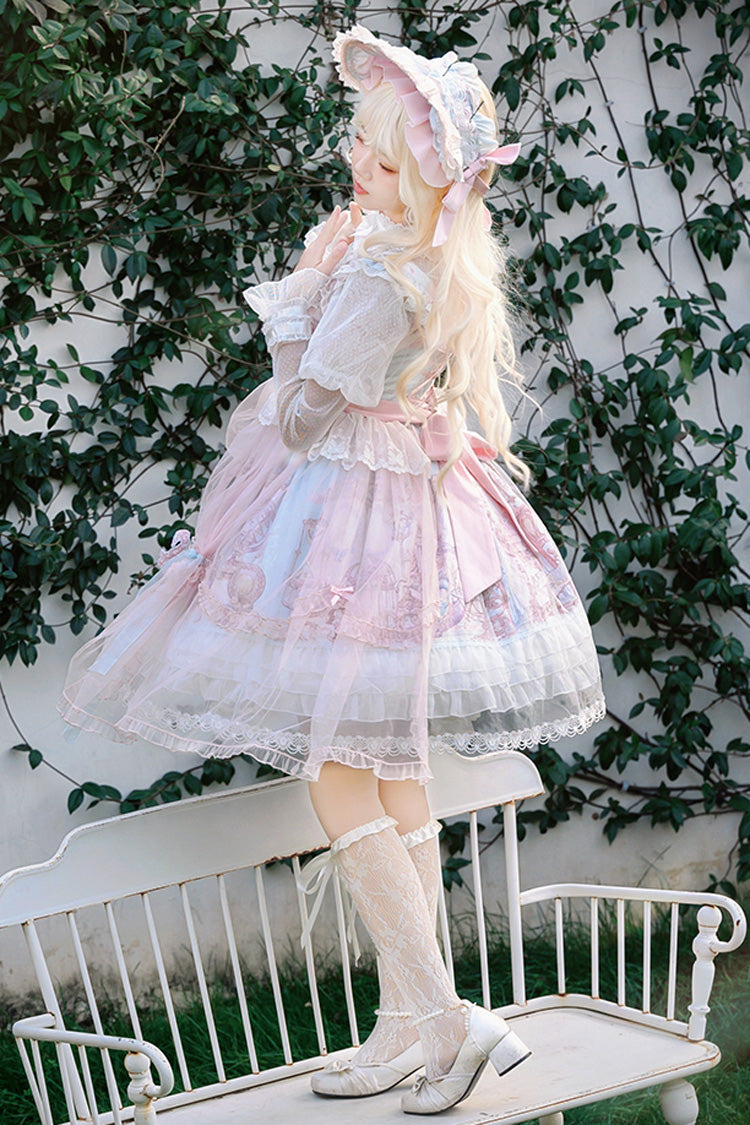 Pink/Blue [Pegasus Park] Multi-Layered Print Ruffle Bowknot Lace Sweet Gorgeous Lolita Jsk Dress - Product - 2