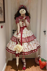 Red/Ivory [Little Flying Strawberry] Square Collar Sleeveless Multi-Layered Printed Ruffled Bow Sweet Lolita Jsk Dress - Product - 5