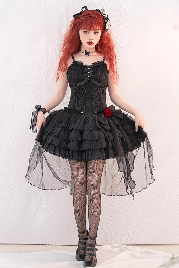 Black High Waisted Multi-layer Rose Bowknot Lace-Up Gothic Lolita Jsk Dress - Black - 1