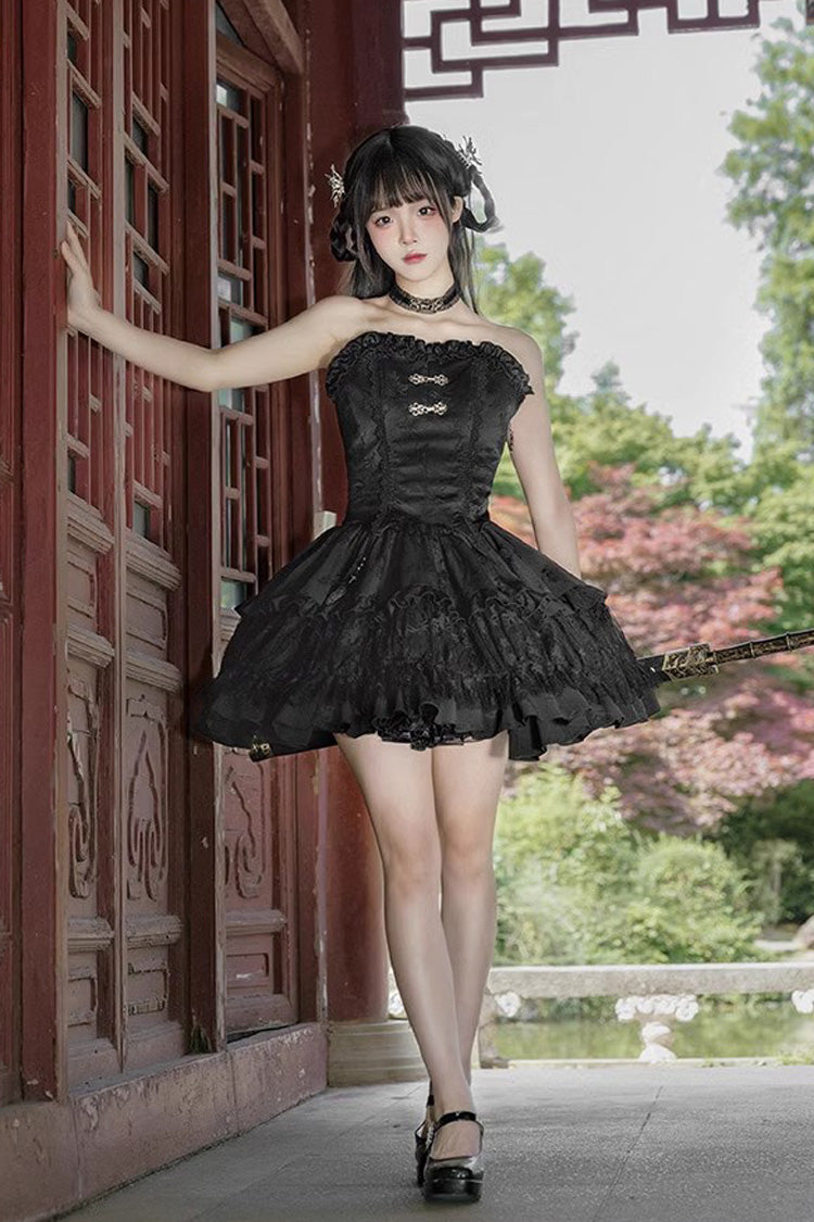Black Bamboo Dream Multi-layer Dark Pattern Print Ruffle Gothic Lolita Skirt Set - Black - 1